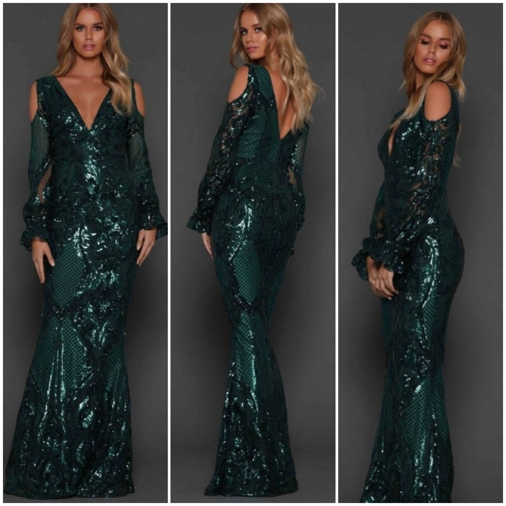 NWT Elle Zeitoune Emerald Green Sequin Helen Mermaid Gown Maxi Dress AU 6 US 2